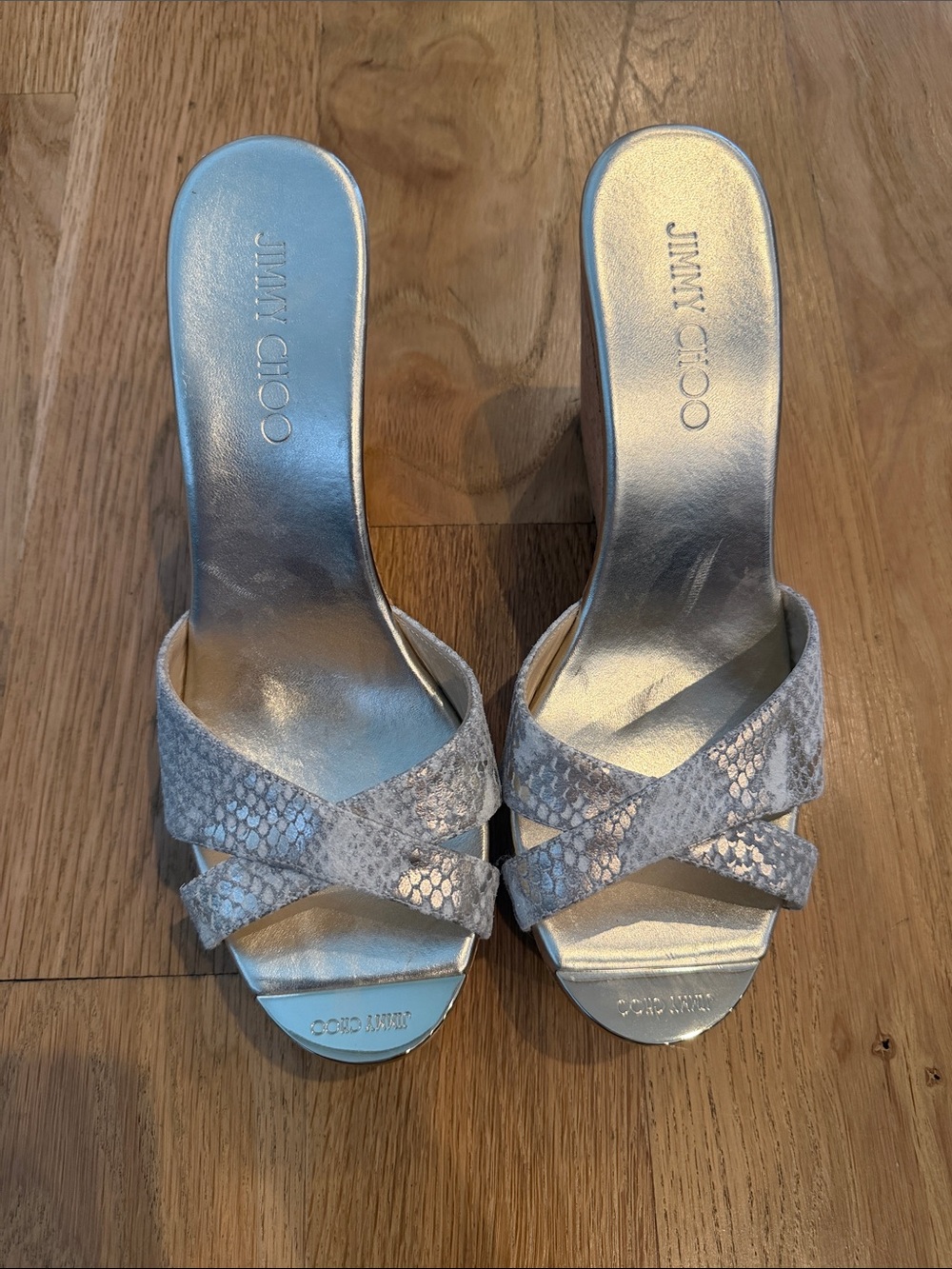 Jimmy Choo Silver Snake-Effect Crisscross Slide Mules